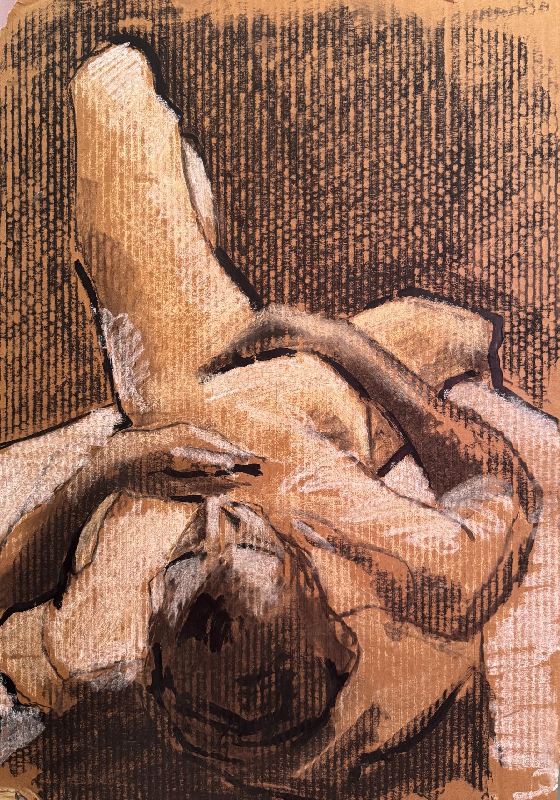 Life drawing in charcoal and chalk on corrugated cardboard